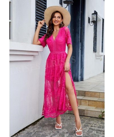 Womens V Neck Floral Embroidered Lace Wedding Maxi Dress Boho Short Sleeve Slit Bridesmaid Evening Party Dresses Magenta $21....