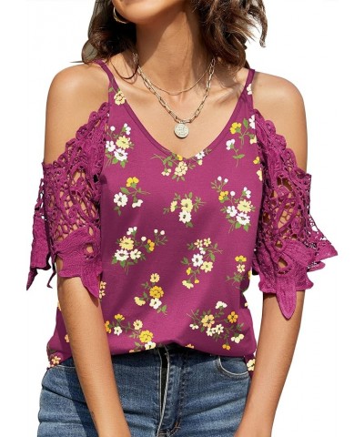 Womens Summer V Neck Cold Shoulder Tops T Shirts Cut Out Lace Short Sleeve Solid Color Blouses Shirt Fuchsia Print $15.65 Blo...