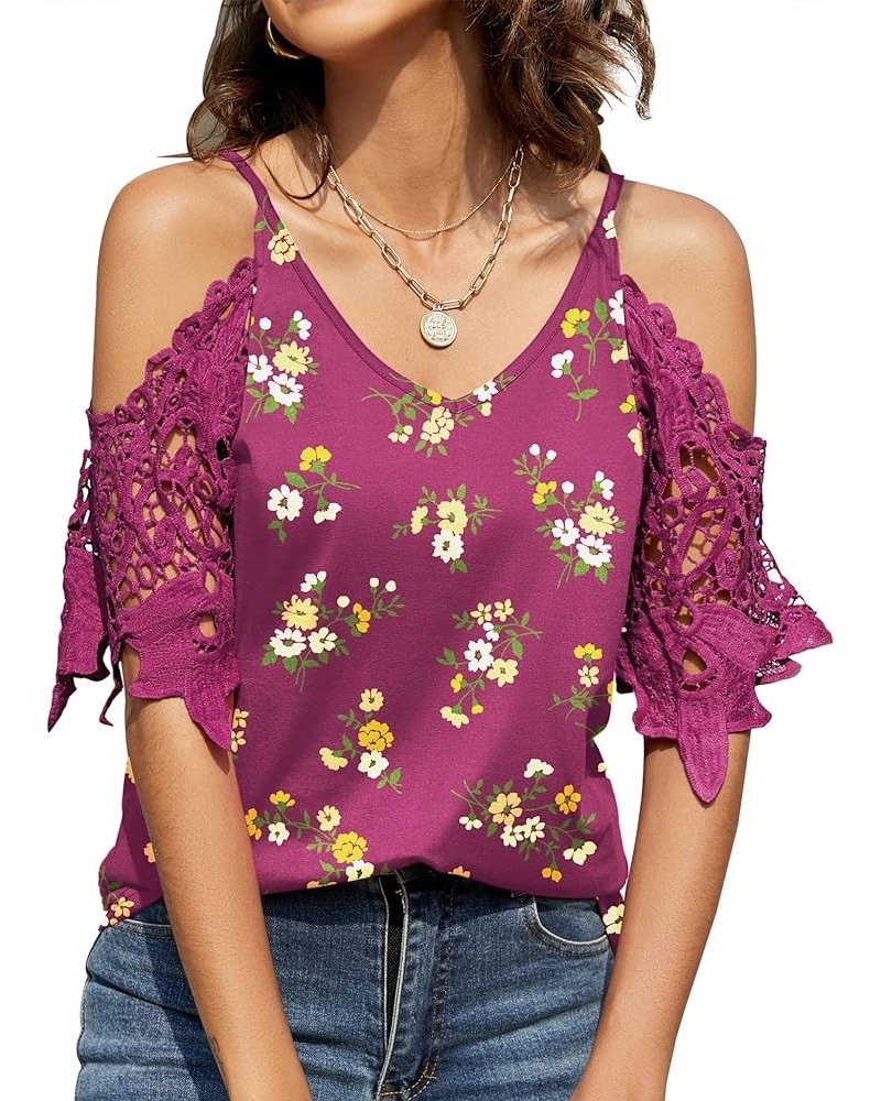 Womens Summer V Neck Cold Shoulder Tops T Shirts Cut Out Lace Short Sleeve Solid Color Blouses Shirt Fuchsia Print $15.65 Blo...