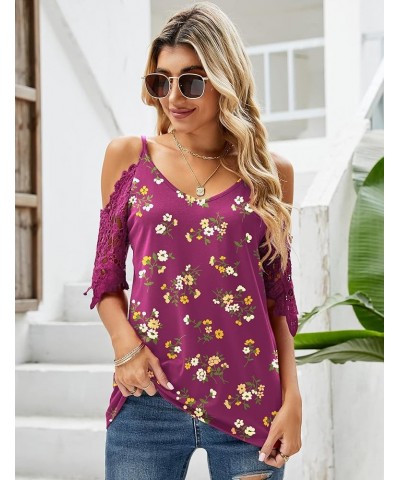 Womens Summer V Neck Cold Shoulder Tops T Shirts Cut Out Lace Short Sleeve Solid Color Blouses Shirt Fuchsia Print $15.65 Blo...