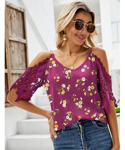 Womens Summer V Neck Cold Shoulder Tops T Shirts Cut Out Lace Short Sleeve Solid Color Blouses Shirt Fuchsia Print $15.65 Blo...