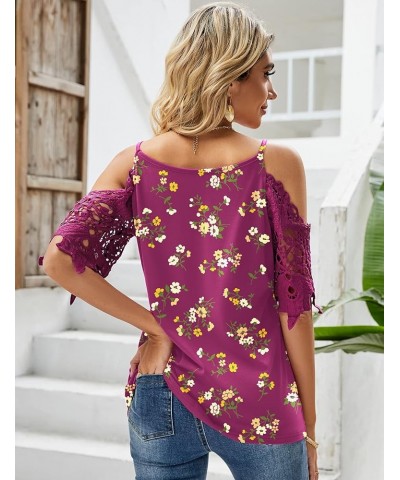 Womens Summer V Neck Cold Shoulder Tops T Shirts Cut Out Lace Short Sleeve Solid Color Blouses Shirt Fuchsia Print $15.65 Blo...