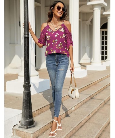 Womens Summer V Neck Cold Shoulder Tops T Shirts Cut Out Lace Short Sleeve Solid Color Blouses Shirt Fuchsia Print $15.65 Blo...