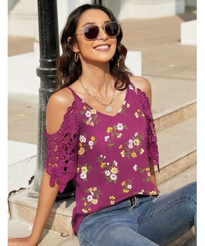 Womens Summer V Neck Cold Shoulder Tops T Shirts Cut Out Lace Short Sleeve Solid Color Blouses Shirt Fuchsia Print $15.65 Blo...