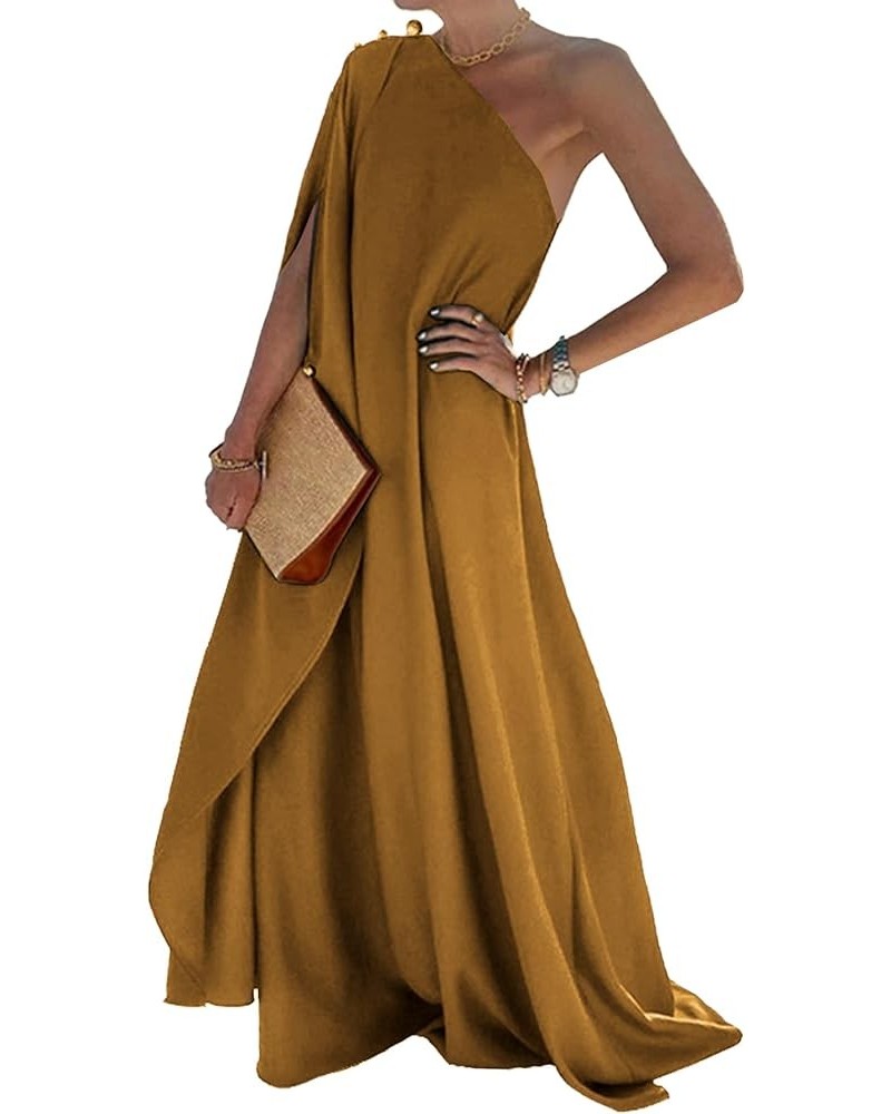 Women's Beaded One Shoulder Cloak Sleeve Split Slit Hem Maxi Long Formal Dress Khaki $21.00 Dresses