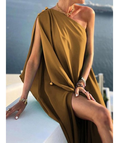 Women's Beaded One Shoulder Cloak Sleeve Split Slit Hem Maxi Long Formal Dress Khaki $21.00 Dresses