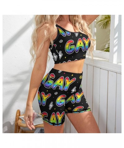 Women's Workout 2 Piece Outfits Rainbow Gay Pride High Waist Running Shorts Seamless Gym Yoga Sports Bra Cool Stylish Gay Wor...