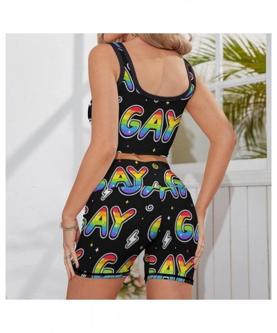 Women's Workout 2 Piece Outfits Rainbow Gay Pride High Waist Running Shorts Seamless Gym Yoga Sports Bra Cool Stylish Gay Wor...