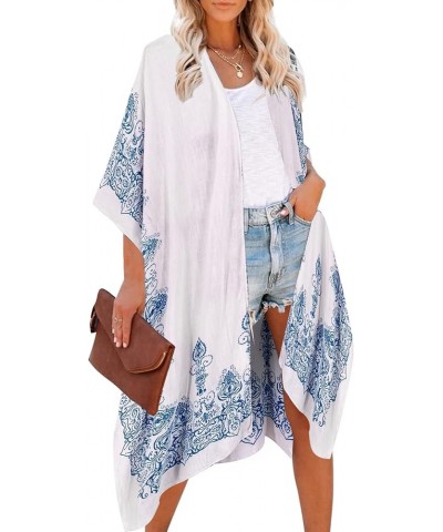 Women's Beach Cover up Swimsuit Kimono with Bohemian Floral Print, Loose Casual Resort Wear Blue, White $12.60 Swimsuits