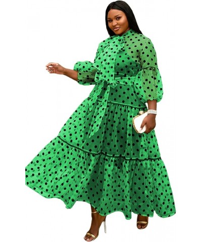 Women's Yellow See Through Tulle Polka Dot Bowtie Lantern Sleeve A-Line Dress Green $17.96 Dresses