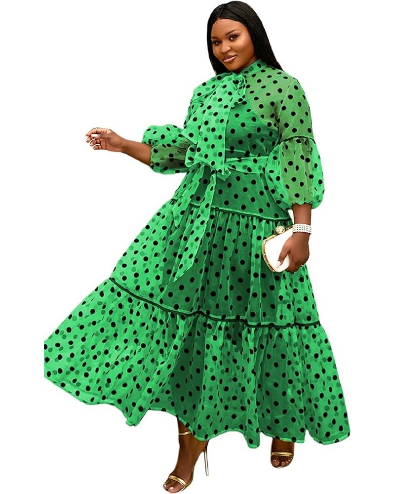 Women's Yellow See Through Tulle Polka Dot Bowtie Lantern Sleeve A-Line Dress Green $17.96 Dresses