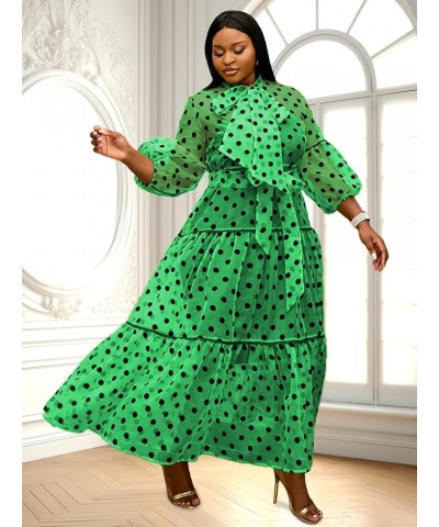 Women's Yellow See Through Tulle Polka Dot Bowtie Lantern Sleeve A-Line Dress Green $17.96 Dresses