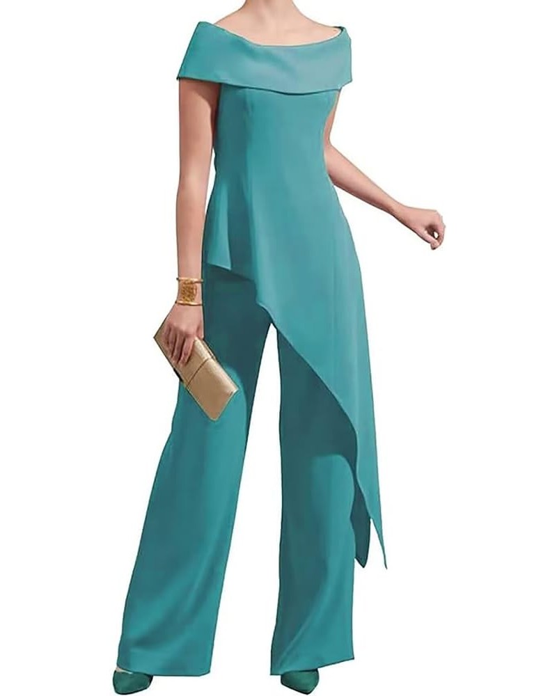 Mother of The Bride Pantsuits for Wedding Off Shoulder Chiffon Prom Cocktail Outfit Turquoise $32.39 Others