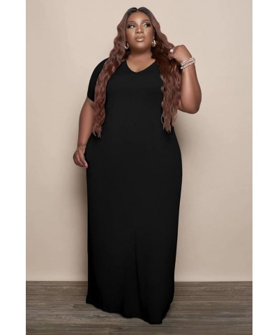 Women Casual Plus Size Dress Summer Short Sleeve V Neck T Shirt Loose Oversize Flowy Long Dresses with Pocket 84-black $17.81...