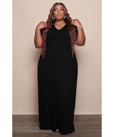 Women Casual Plus Size Dress Summer Short Sleeve V Neck T Shirt Loose Oversize Flowy Long Dresses with Pocket 84-black $17.81...