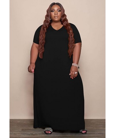 Women Casual Plus Size Dress Summer Short Sleeve V Neck T Shirt Loose Oversize Flowy Long Dresses with Pocket 84-black $17.81...