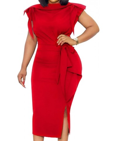 Work Dresses for Women Black Vintage Ruffle Business Pencil Sheath Dress Summer Slit Tie Waist Cocktail Midi Dress Red $20.29...