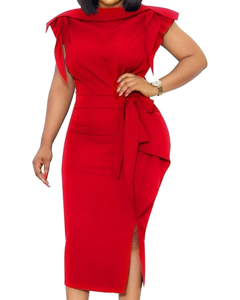 Work Dresses for Women Black Vintage Ruffle Business Pencil Sheath Dress Summer Slit Tie Waist Cocktail Midi Dress Red $20.29...