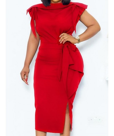 Work Dresses for Women Black Vintage Ruffle Business Pencil Sheath Dress Summer Slit Tie Waist Cocktail Midi Dress Red $20.29...