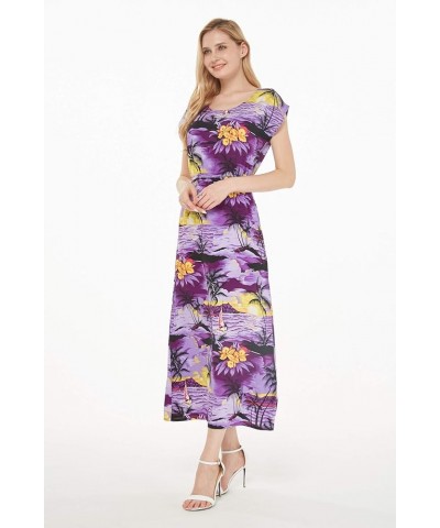 Women's Hawaiian Luau Cap Sleeve Maxi Simple Dress in Sunset Sunset Purple $23.46 Dresses