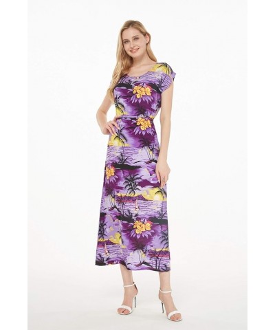 Women's Hawaiian Luau Cap Sleeve Maxi Simple Dress in Sunset Sunset Purple $23.46 Dresses