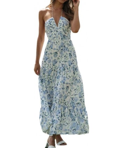 Women's Summer Chiffon Halter V Neck Sleeveless Floral Flowy A Line Maxi Dress Boho Backless Tiered Swing Long Beach Dress Bl...