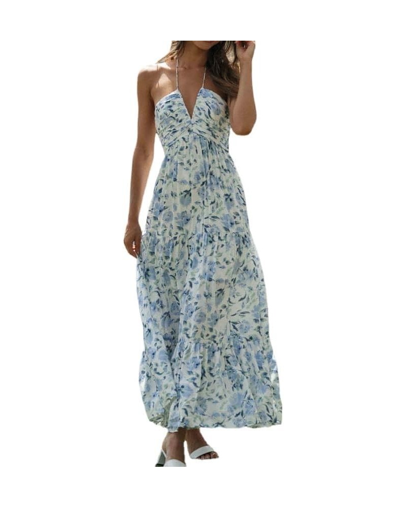 Women's Summer Chiffon Halter V Neck Sleeveless Floral Flowy A Line Maxi Dress Boho Backless Tiered Swing Long Beach Dress Bl...