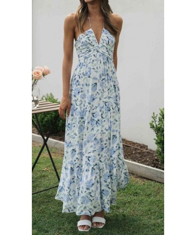 Women's Summer Chiffon Halter V Neck Sleeveless Floral Flowy A Line Maxi Dress Boho Backless Tiered Swing Long Beach Dress Bl...