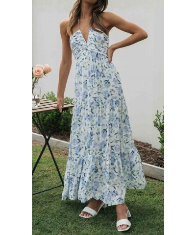 Women's Summer Chiffon Halter V Neck Sleeveless Floral Flowy A Line Maxi Dress Boho Backless Tiered Swing Long Beach Dress Bl...