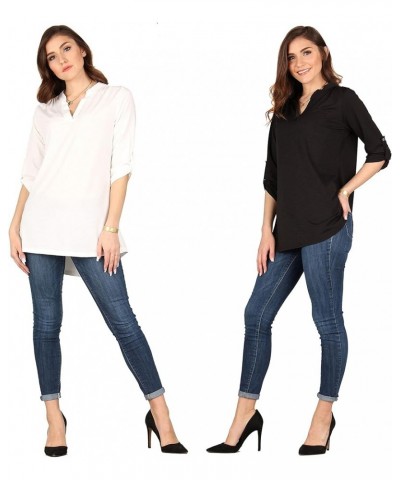 Women's 3/4 Roll Tab Sleeve Tunic, Loose Casual Stretchable Pullover Ivory/Black $23.59 Tops