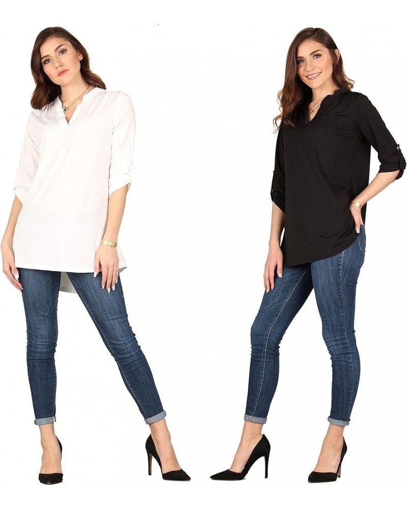 Women's 3/4 Roll Tab Sleeve Tunic, Loose Casual Stretchable Pullover Ivory/Black $23.59 Tops