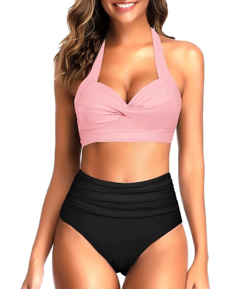 Women Two Piece Vintage Swimsuit Retro Halter Ruched High Waist Bikini with Bottom Pink Black $17.84 Swimsuits