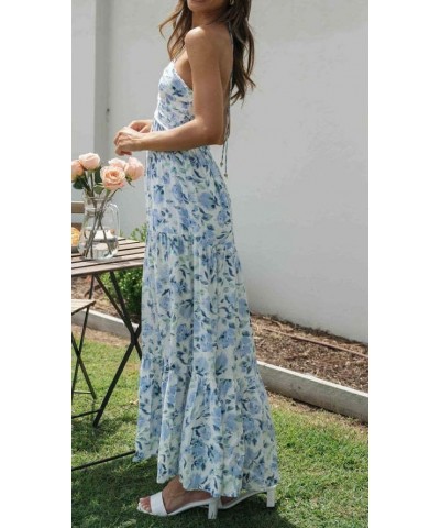 Women's Summer Chiffon Halter V Neck Sleeveless Floral Flowy A Line Maxi Dress Boho Backless Tiered Swing Long Beach Dress Bl...