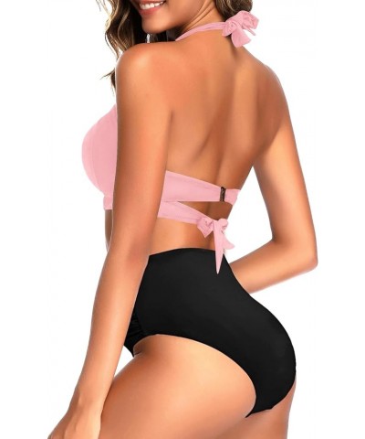 Women Two Piece Vintage Swimsuit Retro Halter Ruched High Waist Bikini with Bottom Pink Black $17.84 Swimsuits