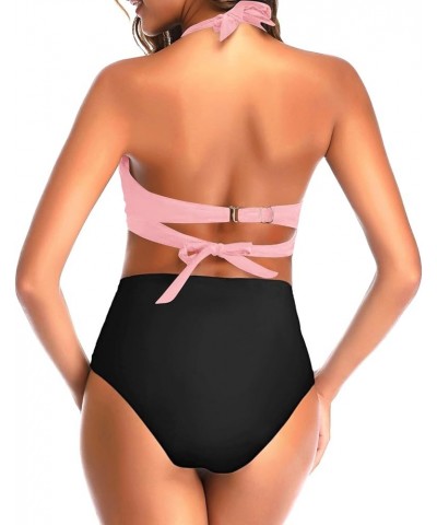 Women Two Piece Vintage Swimsuit Retro Halter Ruched High Waist Bikini with Bottom Pink Black $17.84 Swimsuits