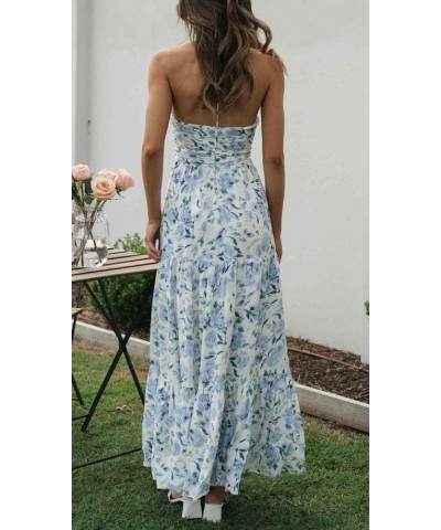 Women's Summer Chiffon Halter V Neck Sleeveless Floral Flowy A Line Maxi Dress Boho Backless Tiered Swing Long Beach Dress Bl...