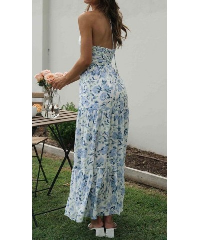 Women's Summer Chiffon Halter V Neck Sleeveless Floral Flowy A Line Maxi Dress Boho Backless Tiered Swing Long Beach Dress Bl...