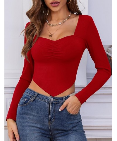 Womens Long Sleeve Sweetheart Neck Crop Top Ribbed Knit Fitted Low Cut Tops Cleavage Sexy Ruched Fall Tee Shirts 02 Red $10.7...