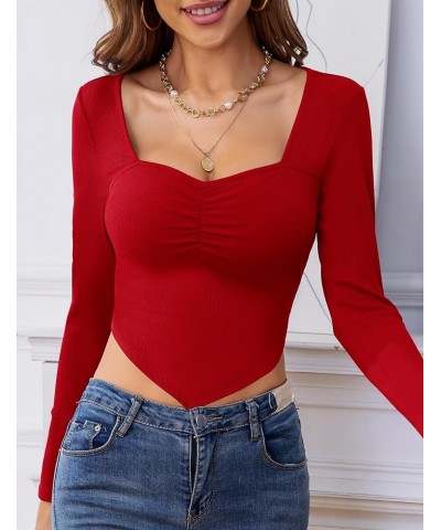 Womens Long Sleeve Sweetheart Neck Crop Top Ribbed Knit Fitted Low Cut Tops Cleavage Sexy Ruched Fall Tee Shirts 02 Red $10.7...