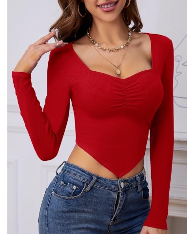 Womens Long Sleeve Sweetheart Neck Crop Top Ribbed Knit Fitted Low Cut Tops Cleavage Sexy Ruched Fall Tee Shirts 02 Red $10.7...