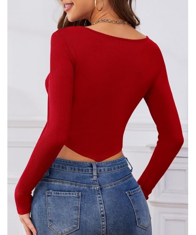 Womens Long Sleeve Sweetheart Neck Crop Top Ribbed Knit Fitted Low Cut Tops Cleavage Sexy Ruched Fall Tee Shirts 02 Red $10.7...