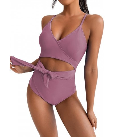 Women's One Piece Swinsuit Tie Front Cutout High Cut Monokini Swimsuit Lilac $16.68 Swimsuits