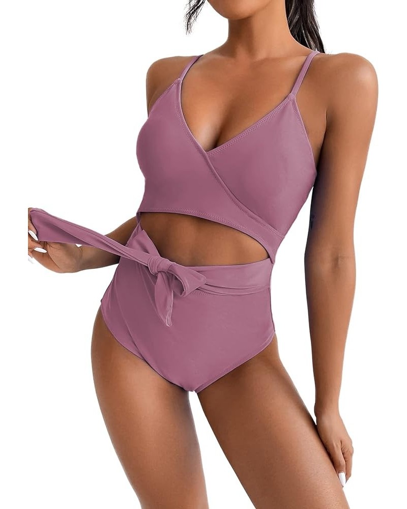 Women's One Piece Swinsuit Tie Front Cutout High Cut Monokini Swimsuit Lilac $16.68 Swimsuits