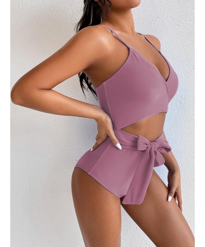 Women's One Piece Swinsuit Tie Front Cutout High Cut Monokini Swimsuit Lilac $16.68 Swimsuits