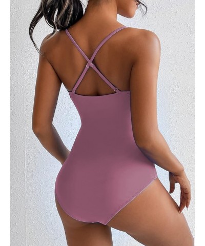 Women's One Piece Swinsuit Tie Front Cutout High Cut Monokini Swimsuit Lilac $16.68 Swimsuits