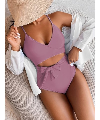 Women's One Piece Swinsuit Tie Front Cutout High Cut Monokini Swimsuit Lilac $16.68 Swimsuits