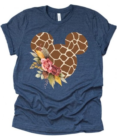 Women Teen Giraffe Mickey Ears with Flowers Shirt Floral Animal Print Character T-Shirt Navy $13.24 T-Shirts