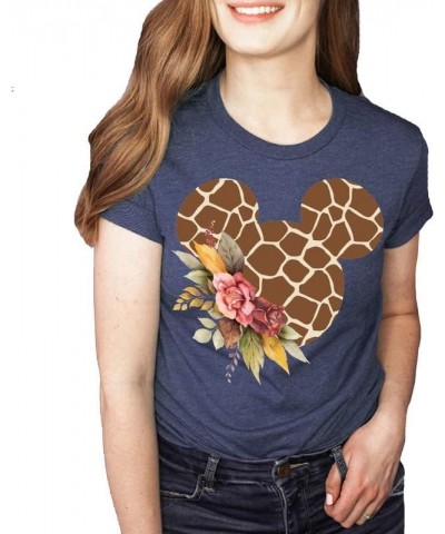 Women Teen Giraffe Mickey Ears with Flowers Shirt Floral Animal Print Character T-Shirt Navy $13.24 T-Shirts