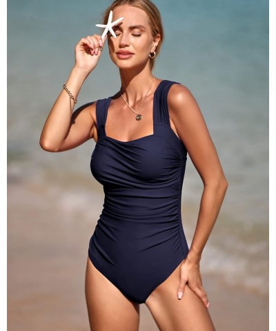 Women's Tummy Control One Piece Swimsuits Ruched Retro Modest Swimwear Vintage Slimming Plus Size Bathing Suit Navy Blue $16....