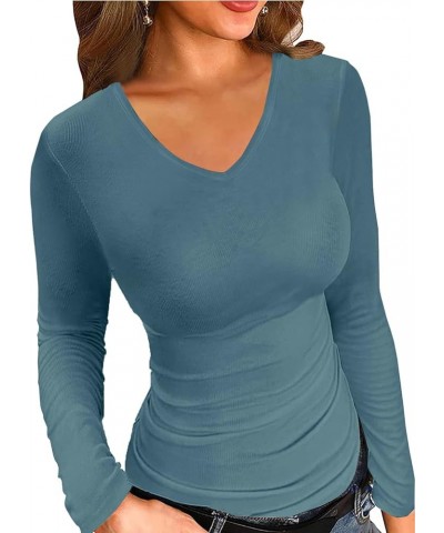 T Shirts for Women Short/Long Sleeve V Neck Casual Ribbed Slim Fitted Tops Azure Blue $12.32 Underwear